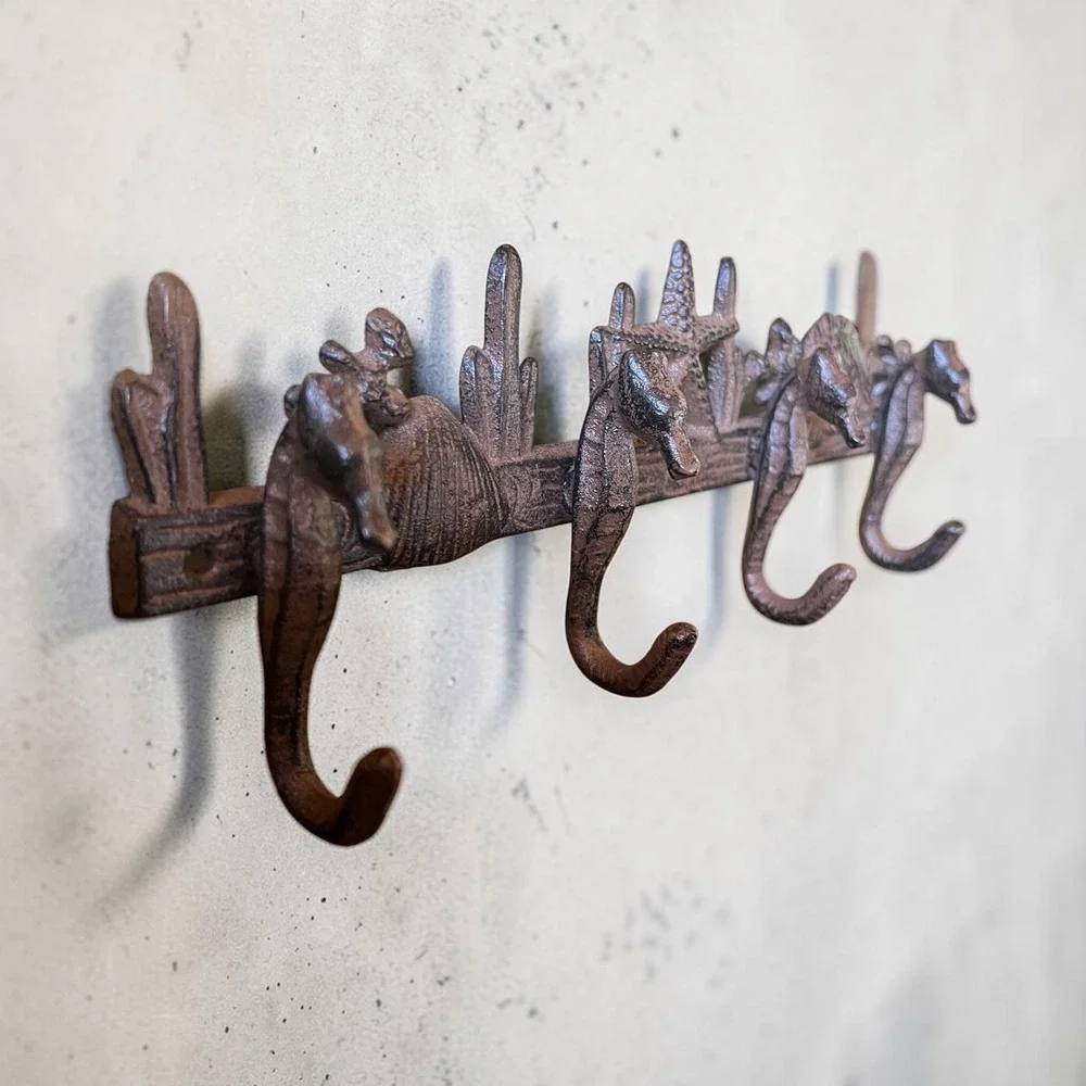 Nautical Cast Iron Wall Hook Rack Coastal Beach Shell Seahorse Starfish Decor